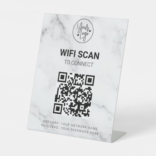 Wifi Scan to Connect QR Code Business Logo Marble Pedestal Sign
