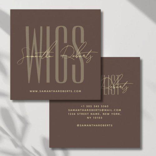 Wig stylist modern typography script brown square business card