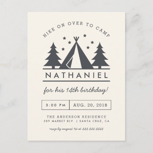 Wigwam in the Woods Birthday Camp Party Invitation