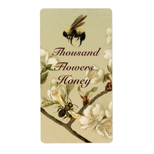 WIHITE SPRING FLOWERS AND HONEY BEE BEEKEEPER LABEL