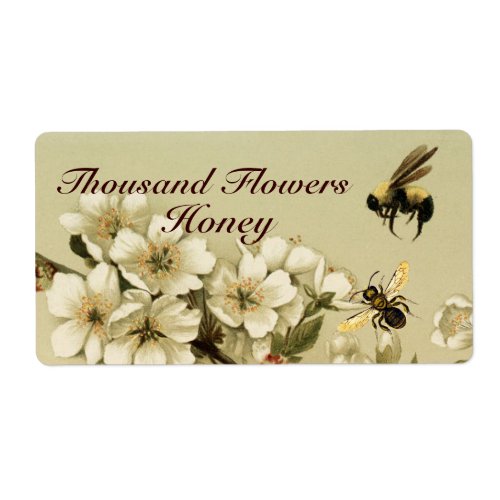 WIHITE SPRING FLOWERS AND HONEY BEE BEEKEEPER LABEL