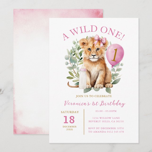 Wild 1 Birthday Lion Girl Birthday Floral Bow tie Invitation (Front/Back)