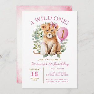 Wild 1 Birthday Lion Girl Birthday Floral Bow tie Invitation