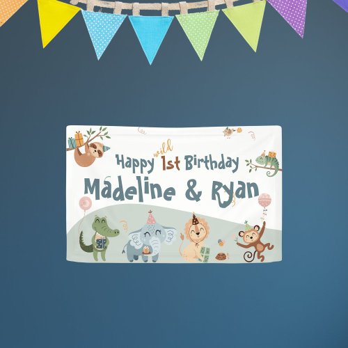 Wild 1st Birthday Banner with Zoo Animals