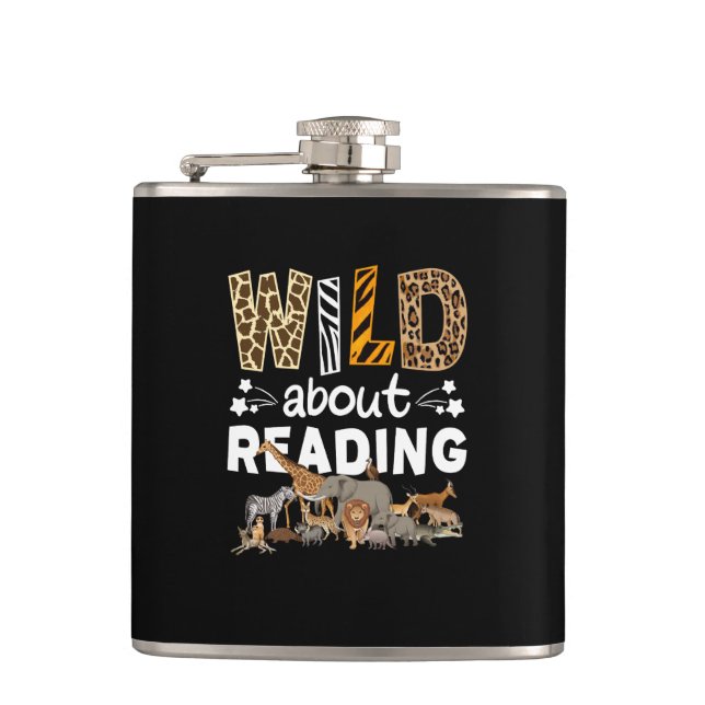 Wild About Reading Books And Bookworm Library Flask (Front)
