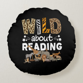 Wild About Reading Books And Bookworm Library Round Pillow