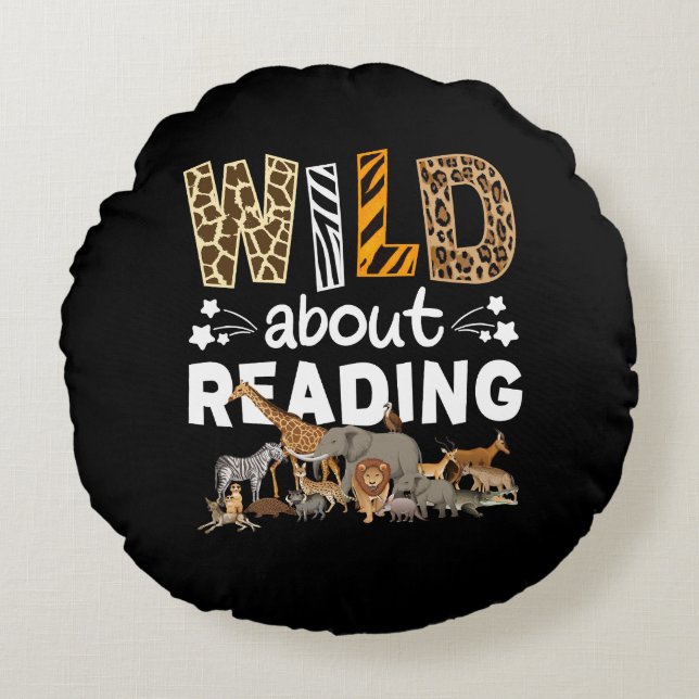 Wild About Reading Books And Bookworm Library Round Pillow (Front)