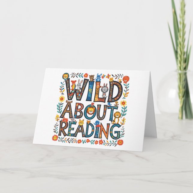 Wild About Reading Cute Jungle Animals Book Lover Thank You Card (Front)