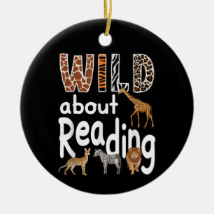 Wild About Reading Zoo Animals Cute Book Lover  Ceramic Ornament