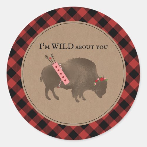 Wild About You Buffalo Plaid Cupid Valentine Classic Round Sticker