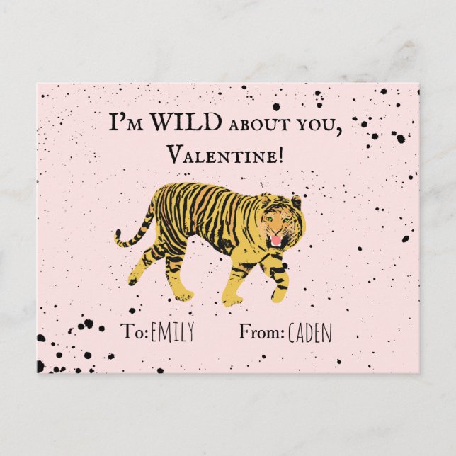 Wild About You Valentine Tiger Kids Classroom Postcard (Front)