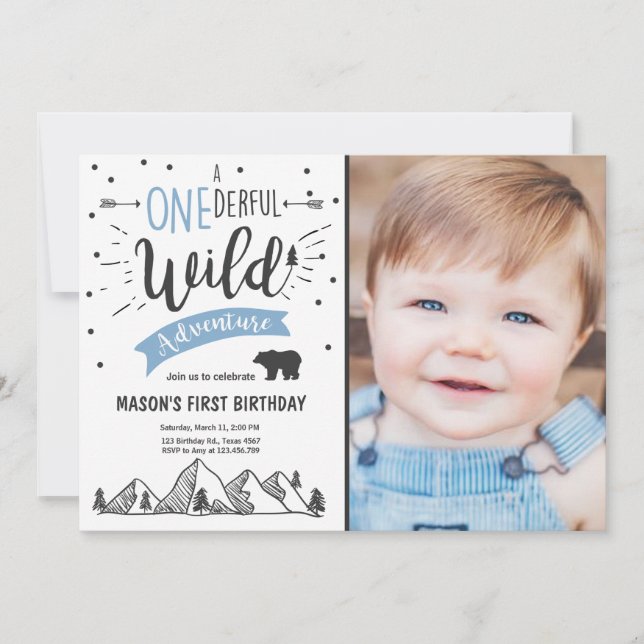 Wild adventure First birthday invitation one Blue (Front)