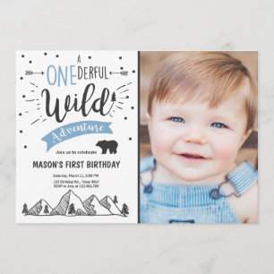 Wild adventure First birthday invitation one Blue