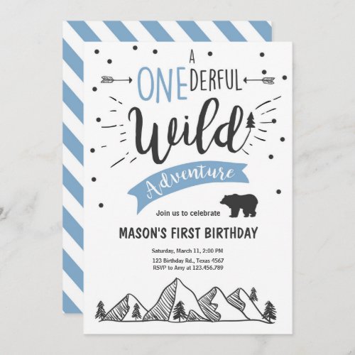 Wild adventure First birthday invitation one Blue