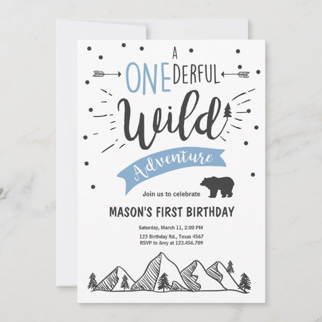 Wild adventure First birthday invitation one Blue (Front)
