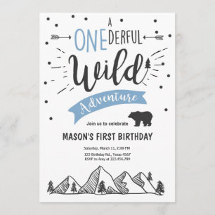 Wild adventure First birthday invitation one Blue