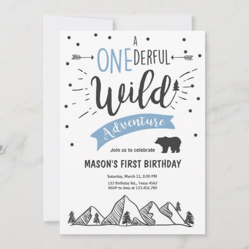 Wild adventure First birthday invitation one Blue