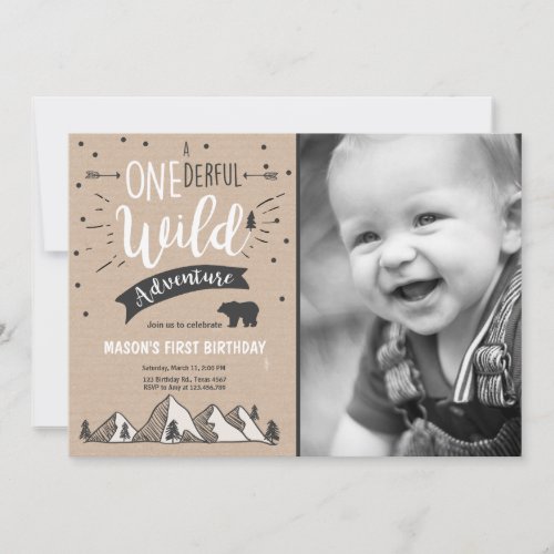 Wild adventure First birthday invitation one Brown