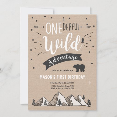 Wild adventure First birthday invitation one Brown