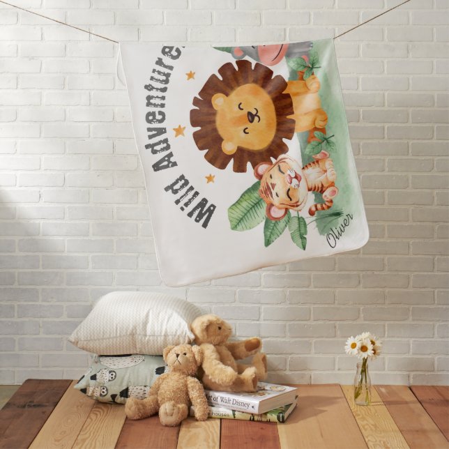 Wild Adventurer Jungle Safari Animals Birthday Baby Blanket (In Situ)