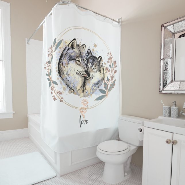 Wild Affection – Wolves in Love Illustration Shower Curtain (In Situ)