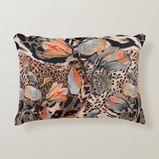 Wild african animal skin with browm flowers patter accent pillow (Front)
