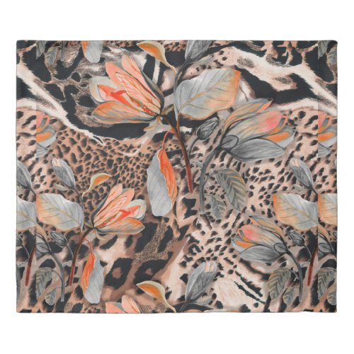 Wild african animal skin with browm flowers patter duvet cover