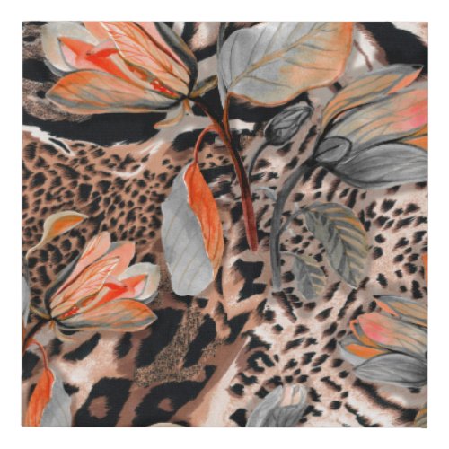 Wild african animal skin with browm flowers patter faux canvas print