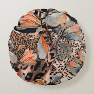 Wild african animal skin with browm flowers patter round pillow