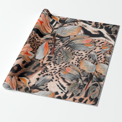 Wild african animal skin with browm flowers patter wrapping paper