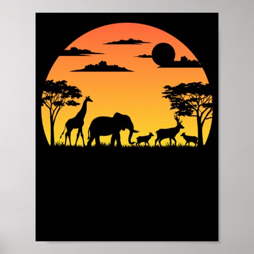 Wild African Animals Safari Sunset Poster