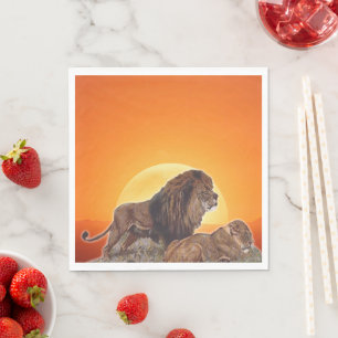 Wild African cats lioness and lion Napkins