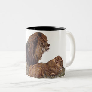 Wild African cats lioness and lion Two-Tone Coffee Mug