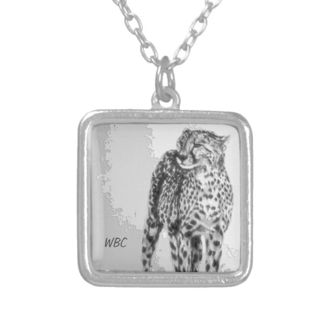 Wild African Cheetah, Forever Free, Retro Design Silver Plated Necklace (Front)