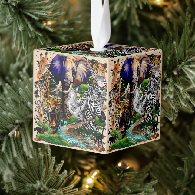 Wild African Savanna Animals Cube Ornament (Tree)