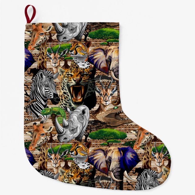 Wild African Savanna Animals Large Christmas Stocking (Front)