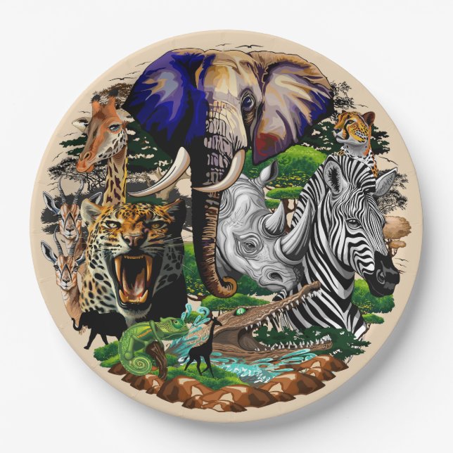 Wild African Savanna Animals Paper Plates (Front)