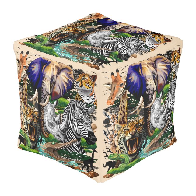 Wild African Savanna Animals Pouf (Angled Front)