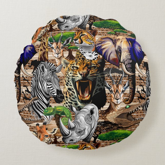 Wild African Savanna Animals Round Pillow (Front)