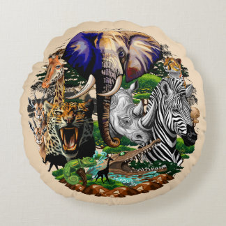 Wild African Savanna Animals Round Pillow