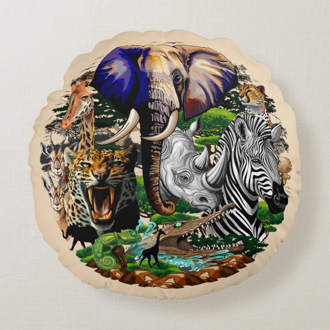 Wild African Savanna Animals Round Pillow (Front)