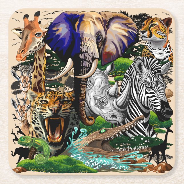 Wild African Savanna Animals Square Paper Coaster (Front)