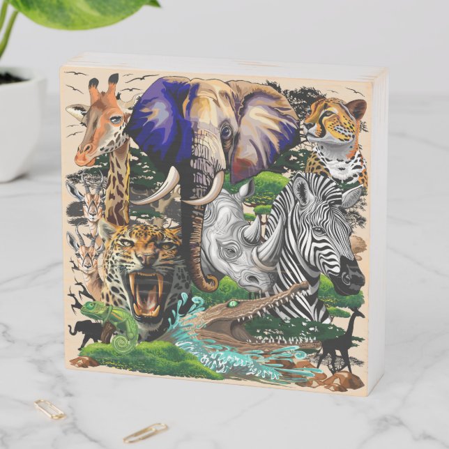 Wild African Savanna Animals Wooden Box Sign (In Situ Horizontal)