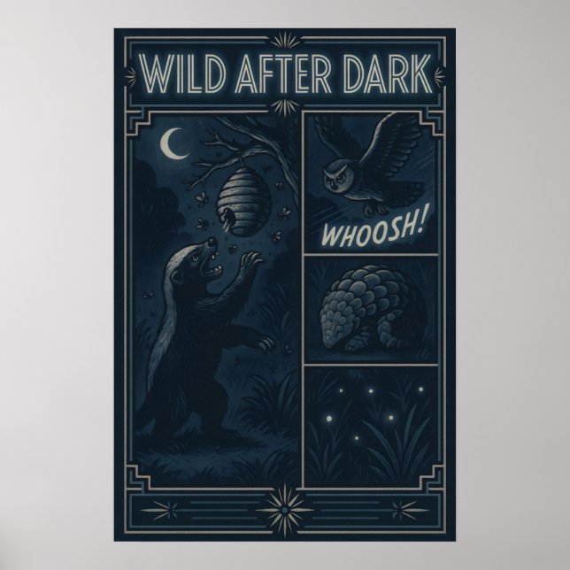 Wild After Dark – Nocturnal Wildlife Comic Scene Poster (Front)