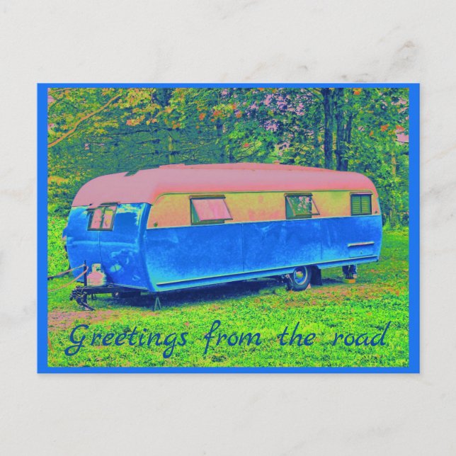 Wild and Cheerful Retro Camping Trailer Postcard (Front)