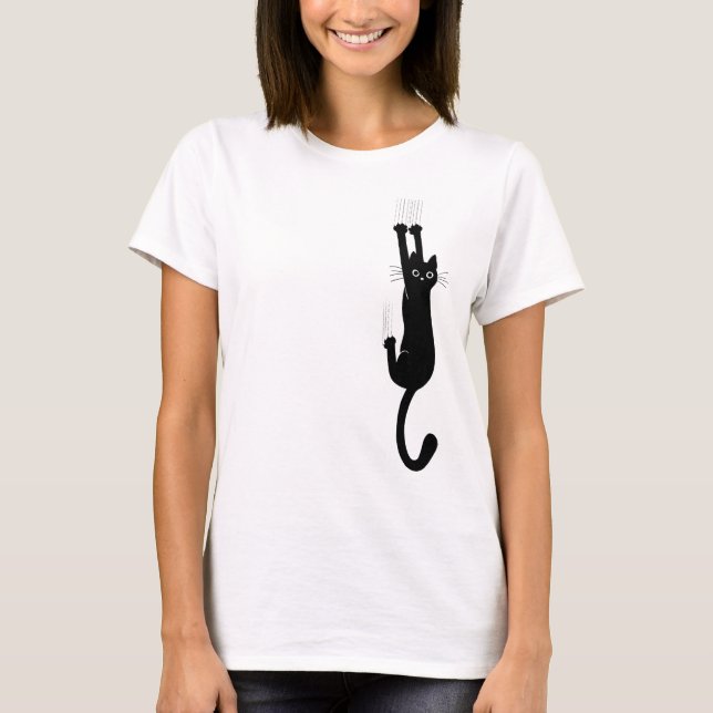Wild and Crazy Black Cat Hanging On | Humorous T-Shirt (Front)
