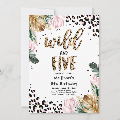 Wild And Five Leopard Print 5th Birthday Party Invitation