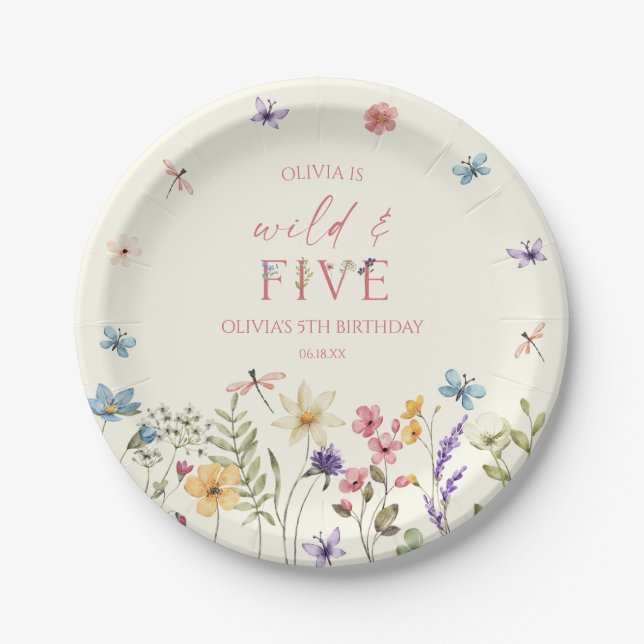 Wild and Five Wildflower 5th Birthday Party Paper Plates (Front)