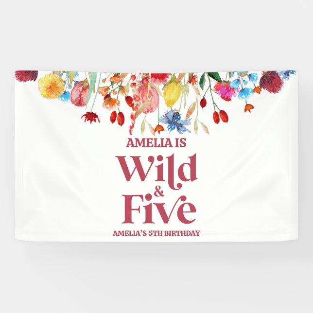 Wild and Five Wildflower 5th Fifth Birthday Party Banner (Horizontal)