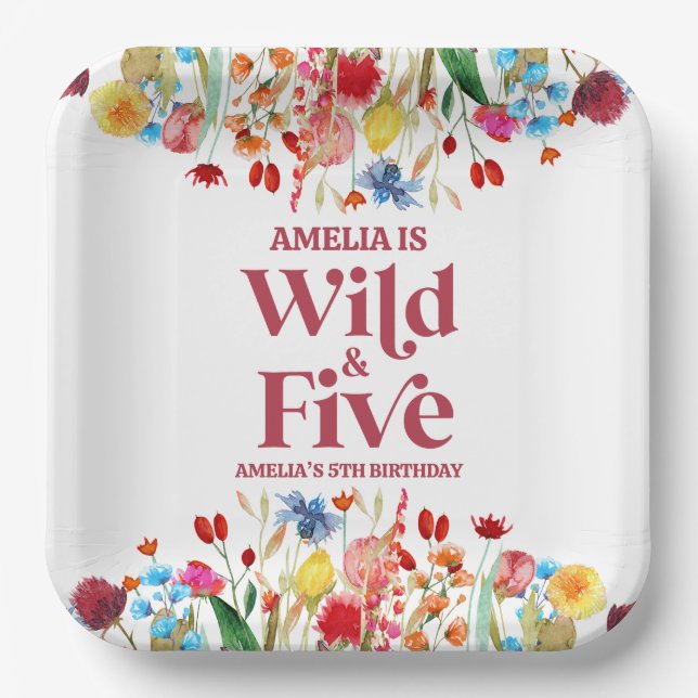 Wild and Five Wildflower 5th Fifth Birthday Party Paper Plates (Front)